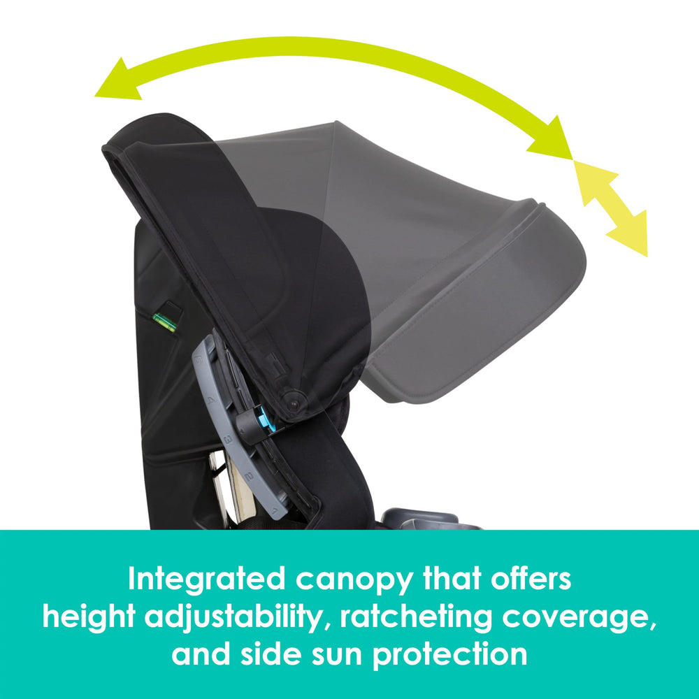 Baby Trend Cover Me headrest with no-rethread harness simplifies adjustments