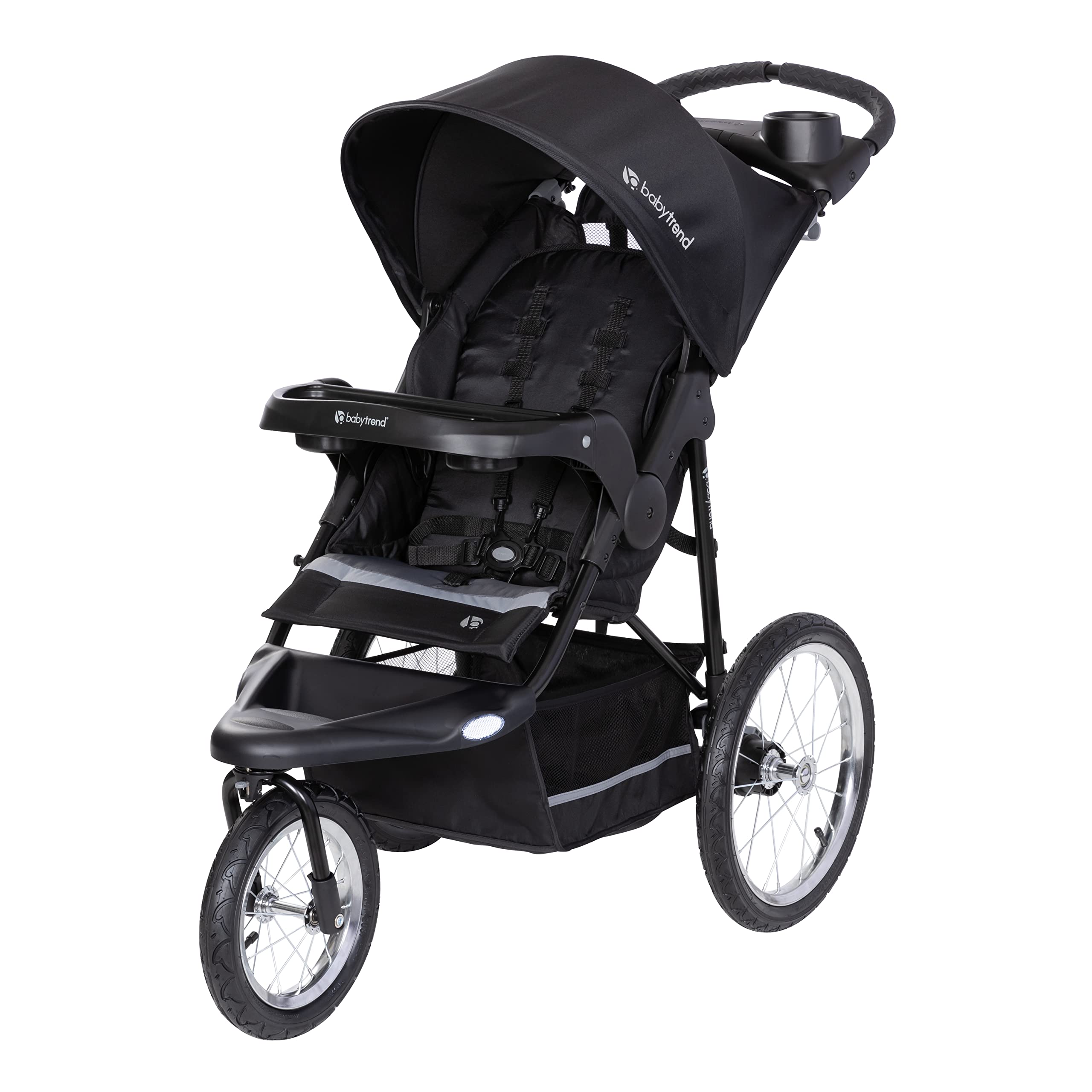 Baby Trend Expedition Jogger Dash Black front swivel wheel enables smooth steering on sidewalks