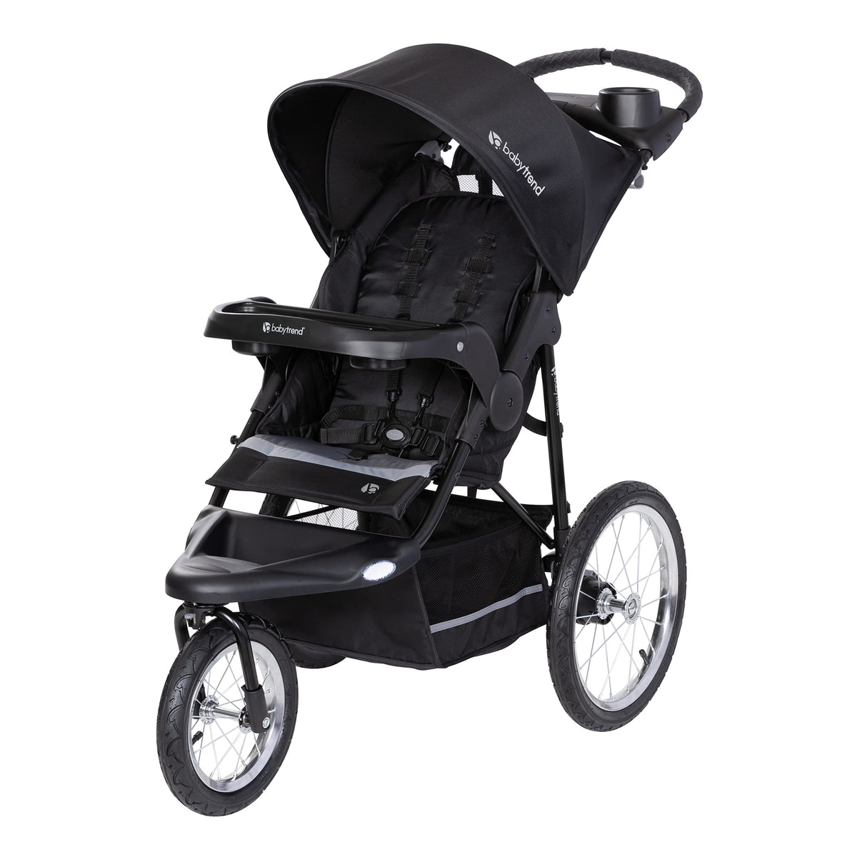 Baby Trend Expedition Jogger Dash Black front swivel wheel enables smooth steering on sidewalks