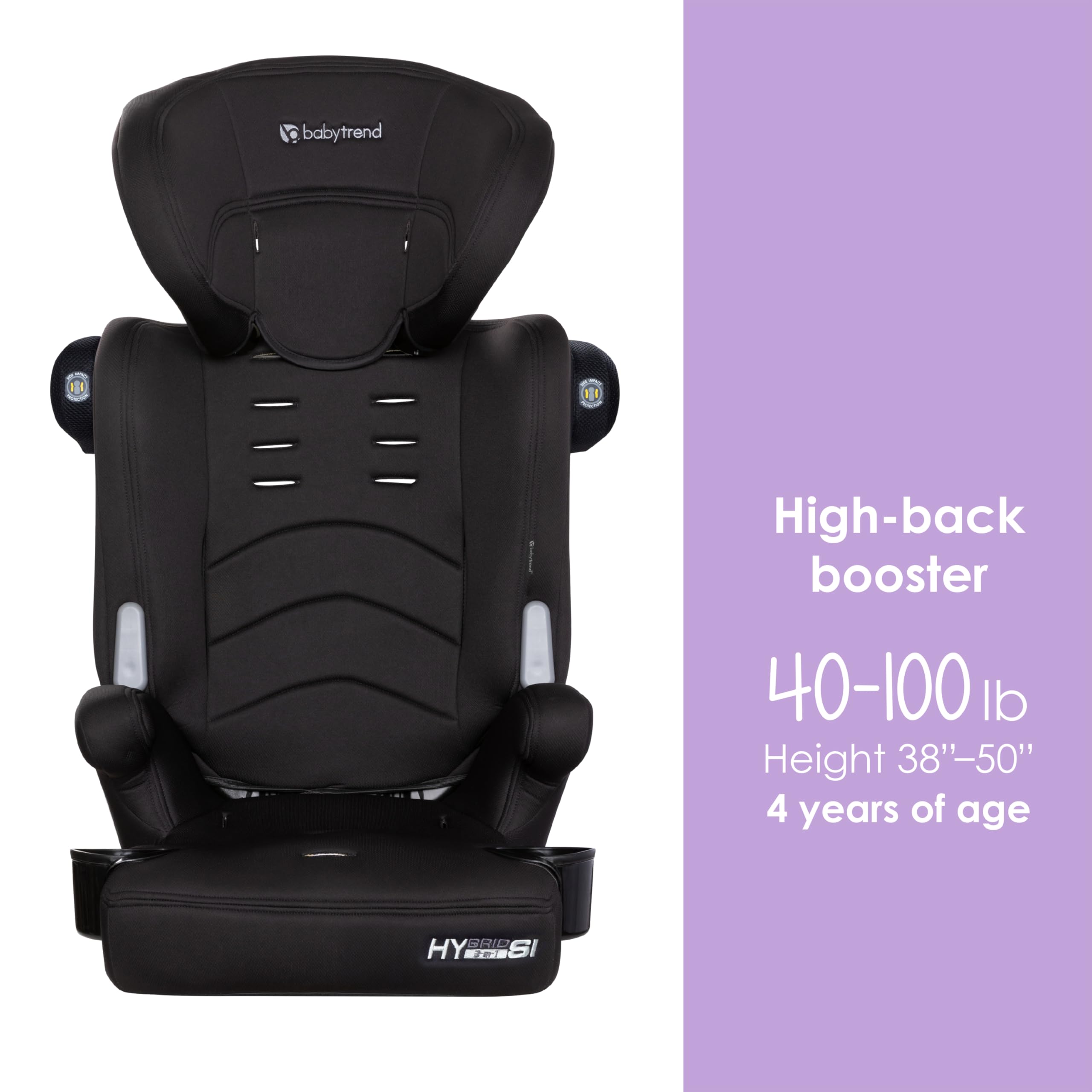 Baby Trend Hybrid SI booster seat demonstrating 3-stage growth for long-term use