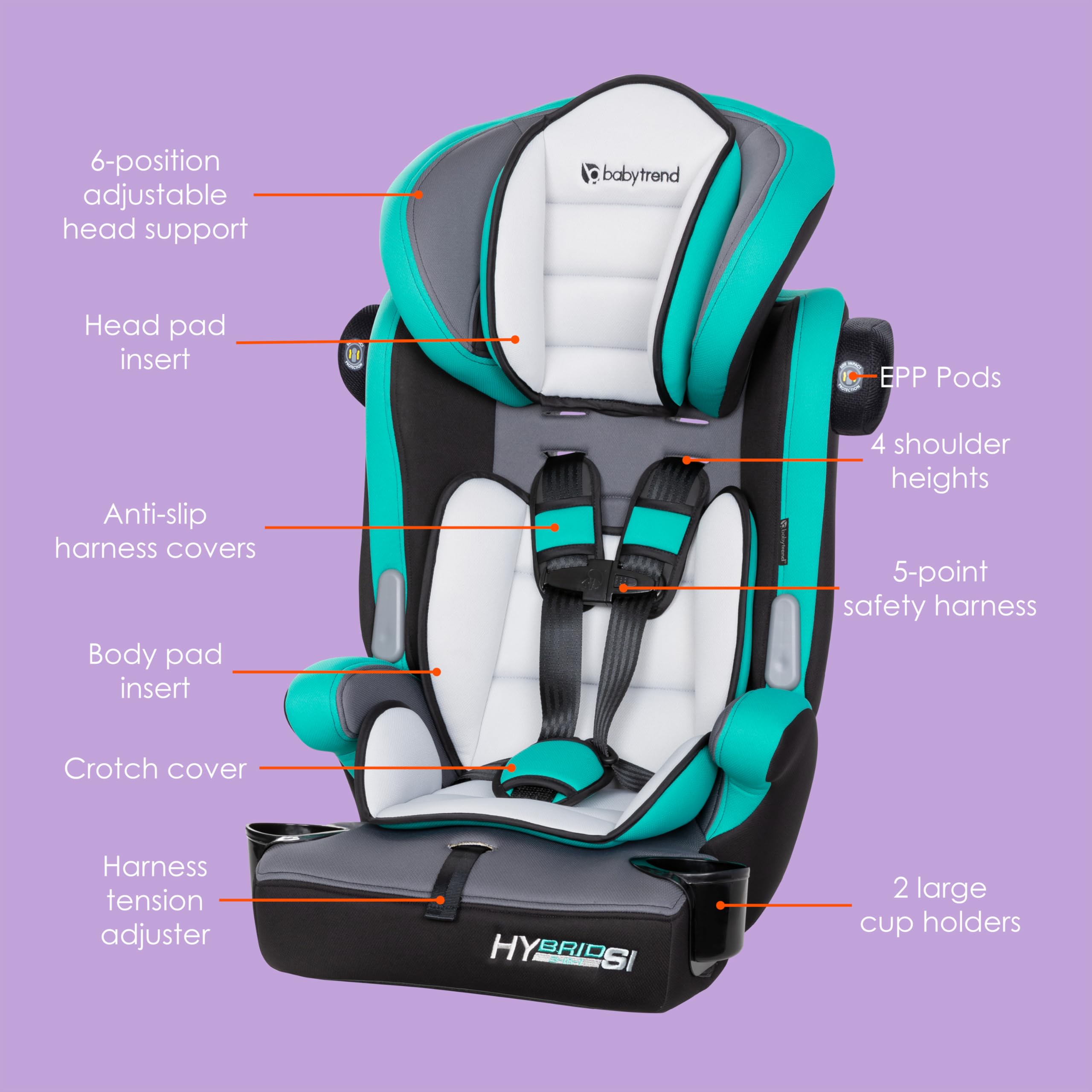 Baby Trend Hybrid SI 3-in-1 booster seat Hoboken Teal side view emphasizing side-impact protection