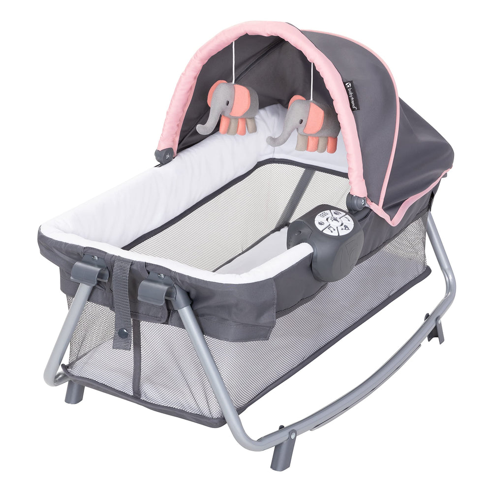 Removable full-size bassinet converts to a full playard space in Lil' Snooze Deluxe III
