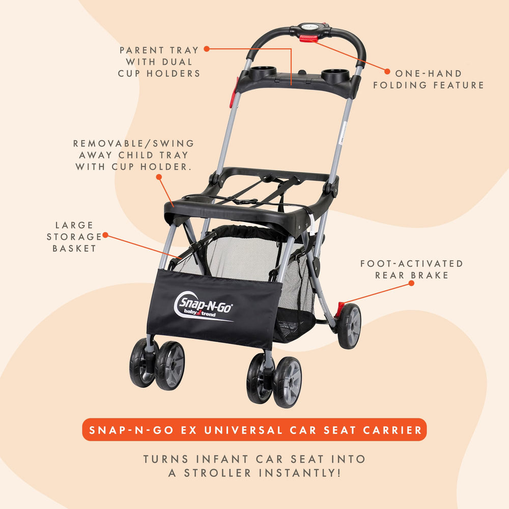 Baby Trend Snap N Go EX shows foot activated brakes for added security.