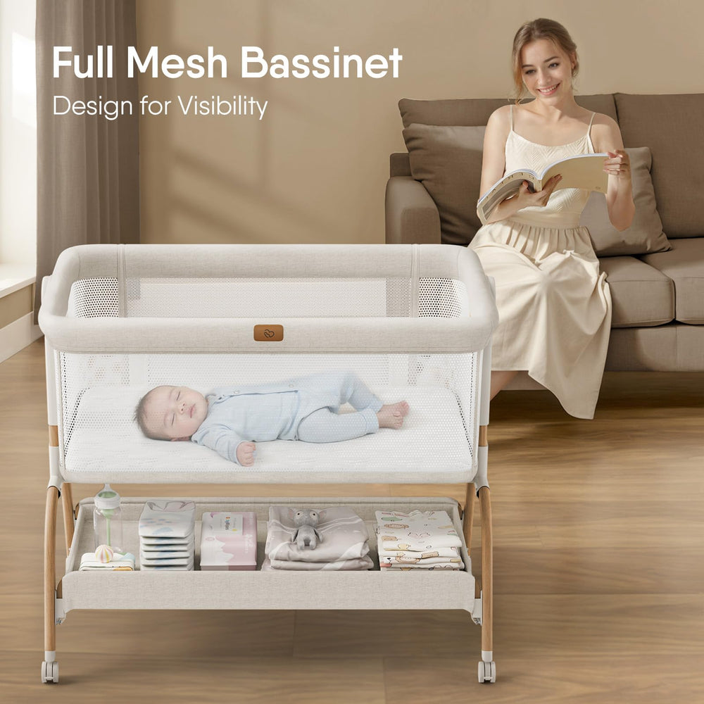 BabyBond bassinet at six-height adjustments fits beds securely