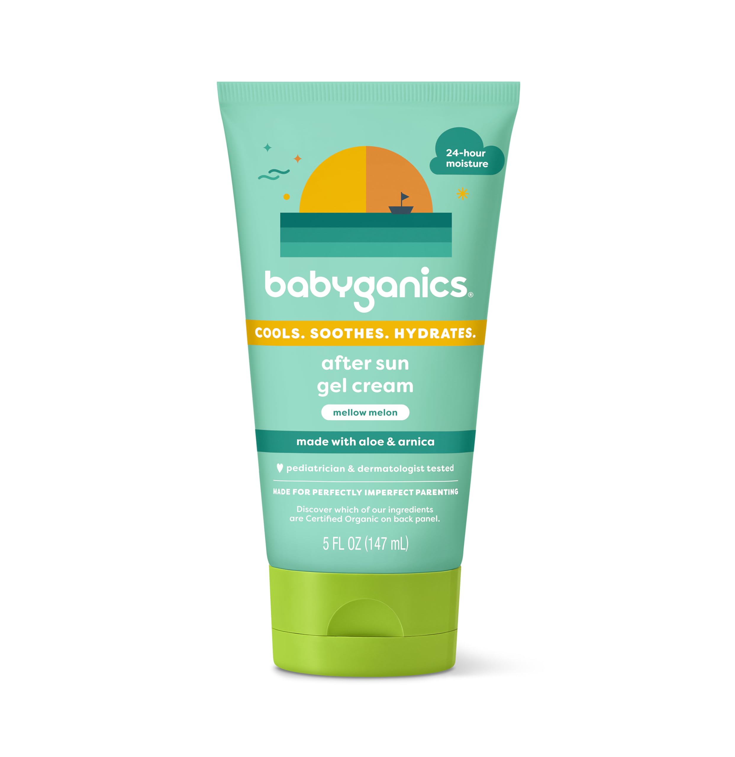 BabyGanics after sun gel cream mellow melon bottle close-up shows refreshing hydration after sun exposure.