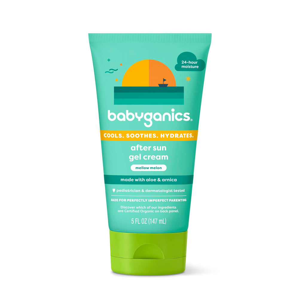 BabyGanics after sun gel cream mellow melon bottle close-up shows refreshing hydration after sun exposure.