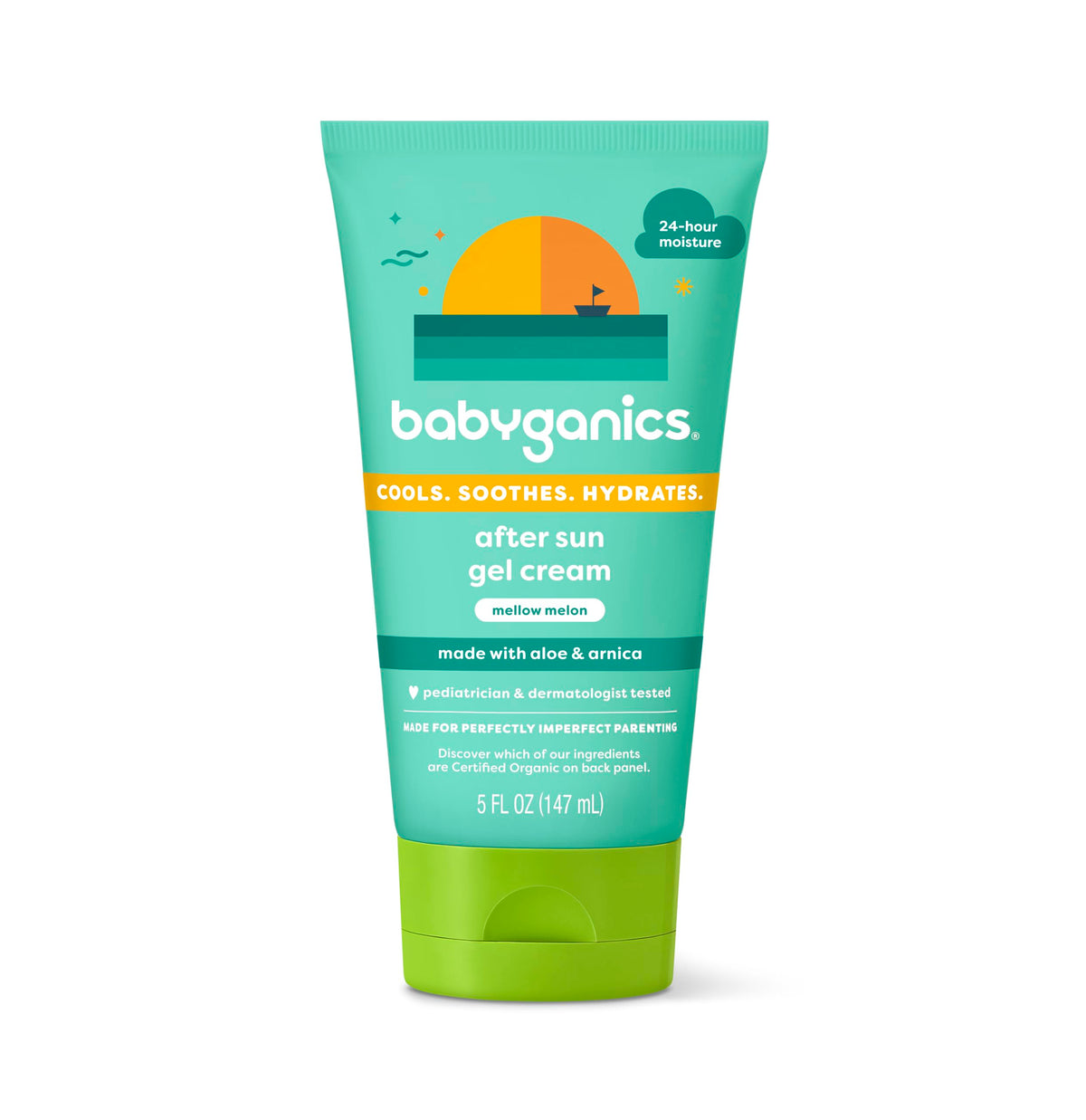 BabyGanics after sun gel cream mellow melon bottle close-up shows refreshing hydration after sun exposure.