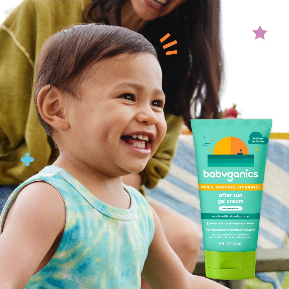 Packaging of BabyGanics after sun gel cream mellow melon on display.