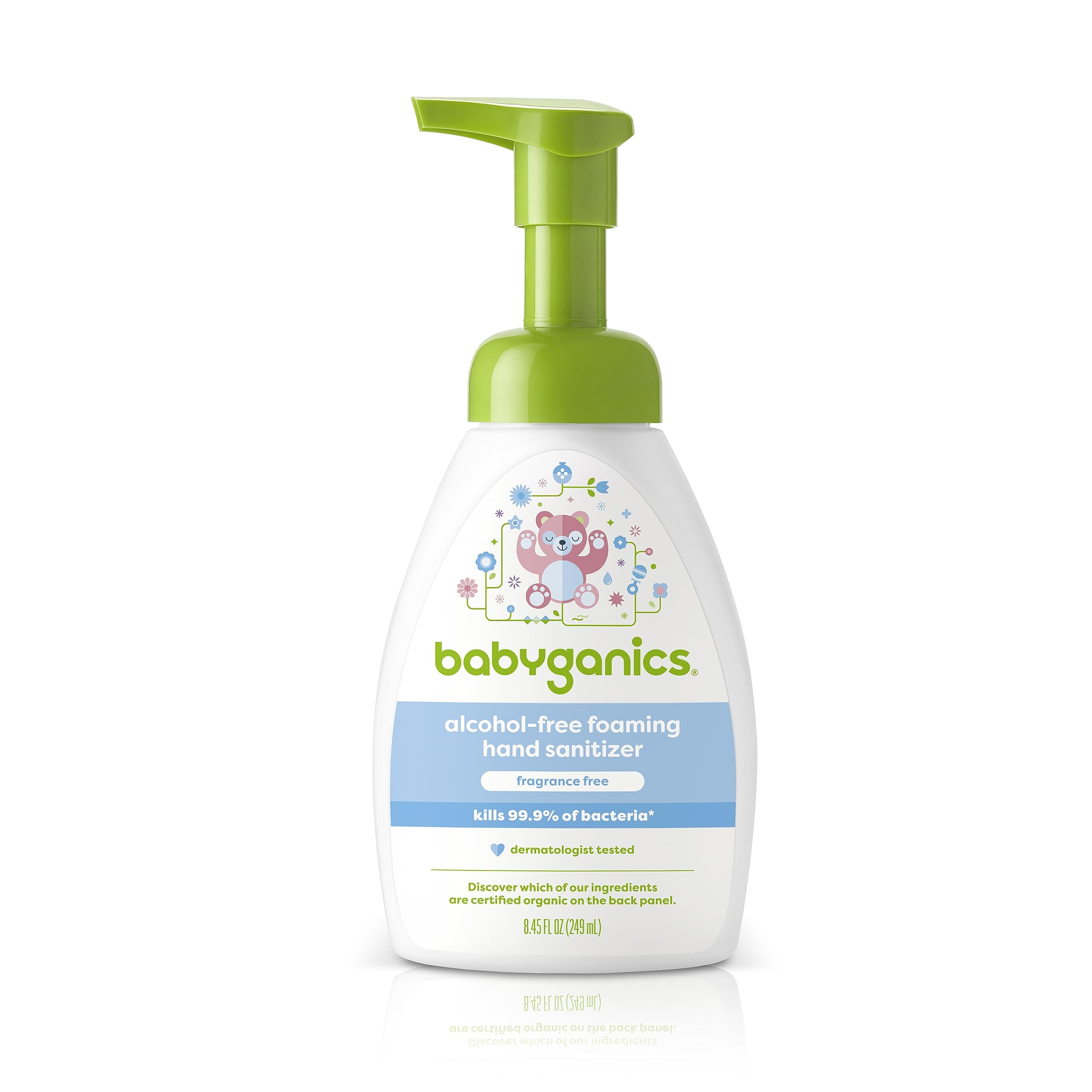 BabyGanics alcohol-free foaming hand sanitizer in pump bottle, gentle on tiny hands.