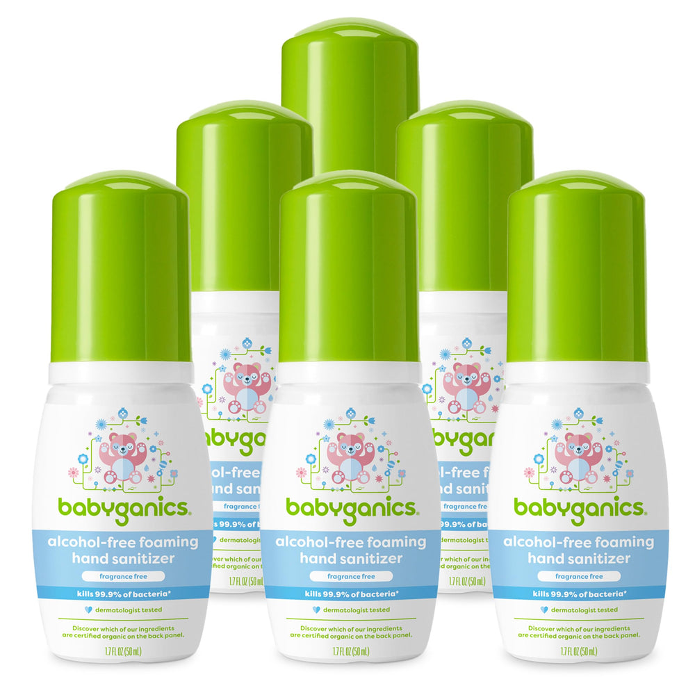 Babyganics foaming hand sanitizer bottle dispensing gentle moisture for tiny hands