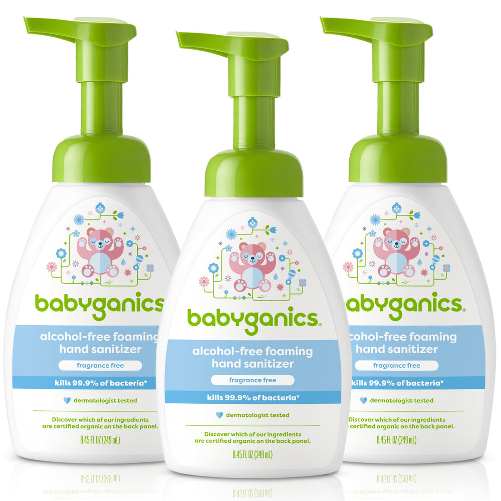 Babyganics fragrance-free foaming hand sanitizer in pump bottle for gentle daily use.