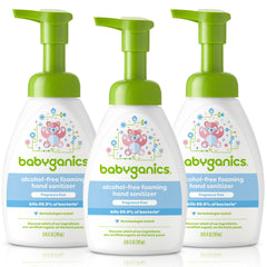 Babyganics fragrance-free foaming hand sanitizer in pump bottle for gentle daily use.