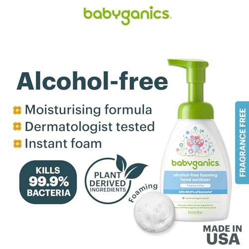 BabyGanics fragrance-free foaming sanitizer close-up highlights quick, scent-free germ protection.