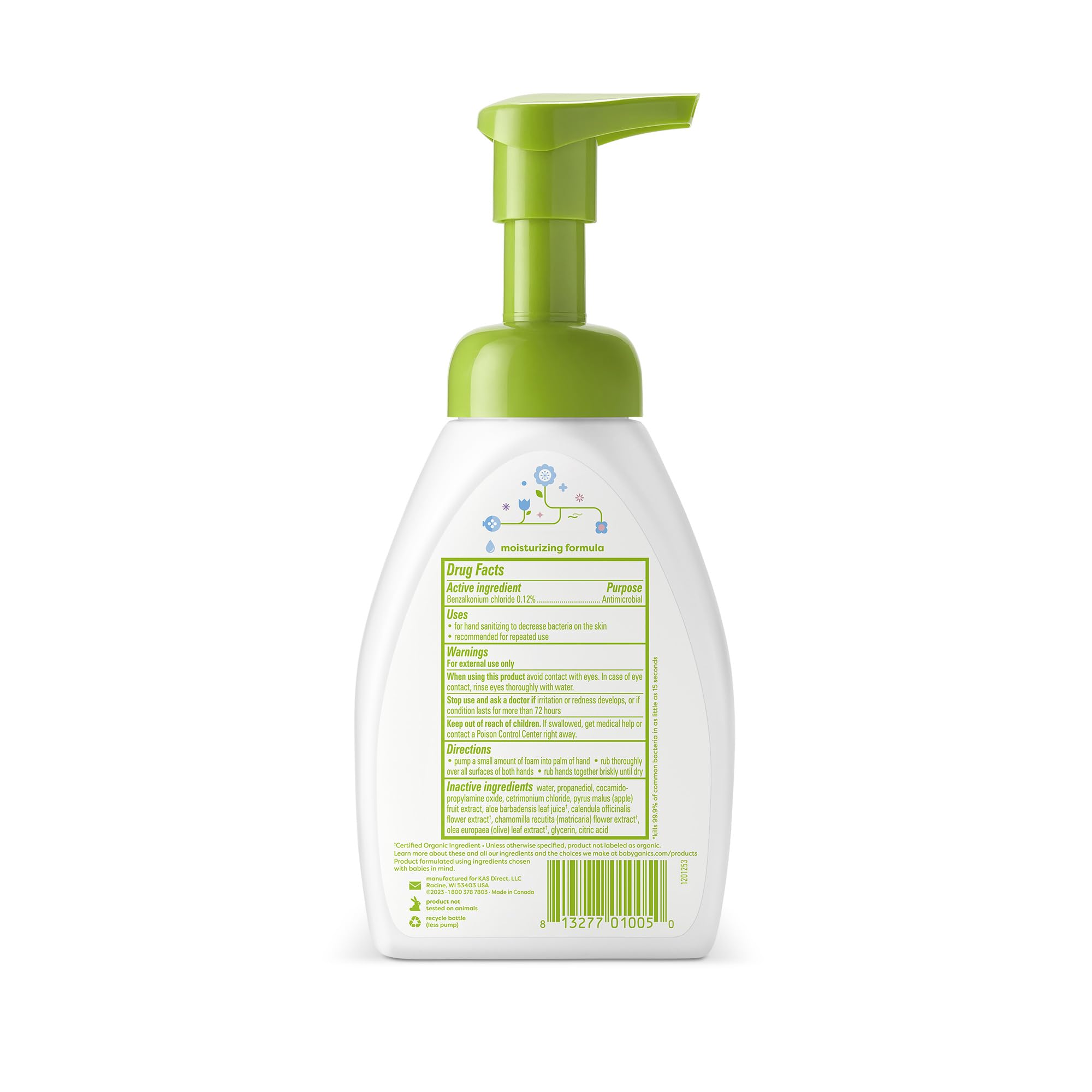 Babyganics moisturizing foaming sanitizer provides soft-feeling cleansing.