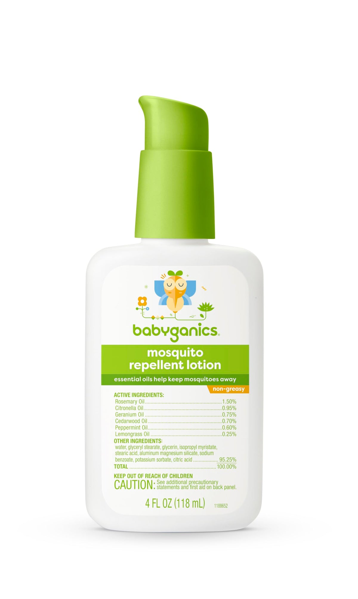 BabyGanics mosquito repellent lotion bottle with plant oils to keep mosquitoes away outdoors.