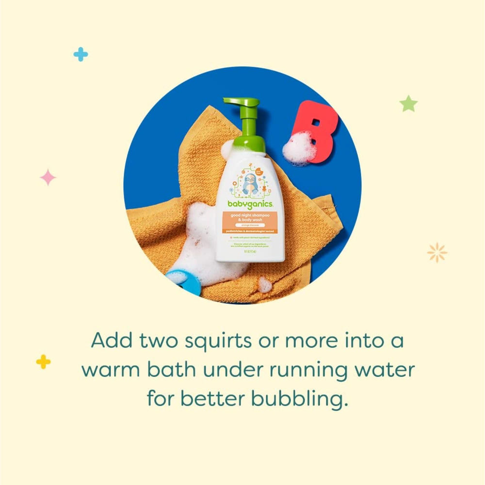 Babyganics shampoo and body wash in a reusable pump bottle, easy to use.