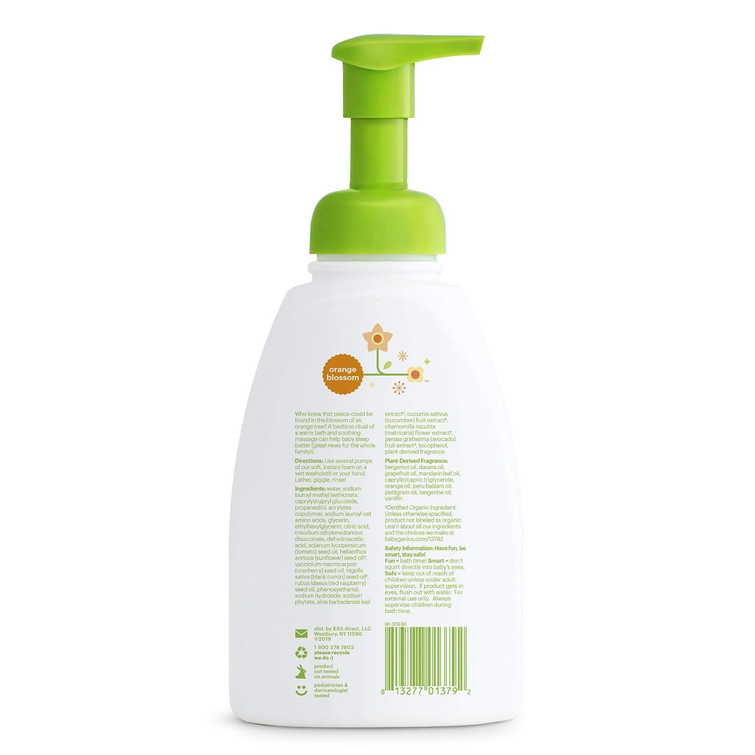 Babyganics orange blossom foam pump close-up highlighting tear-free bath time.