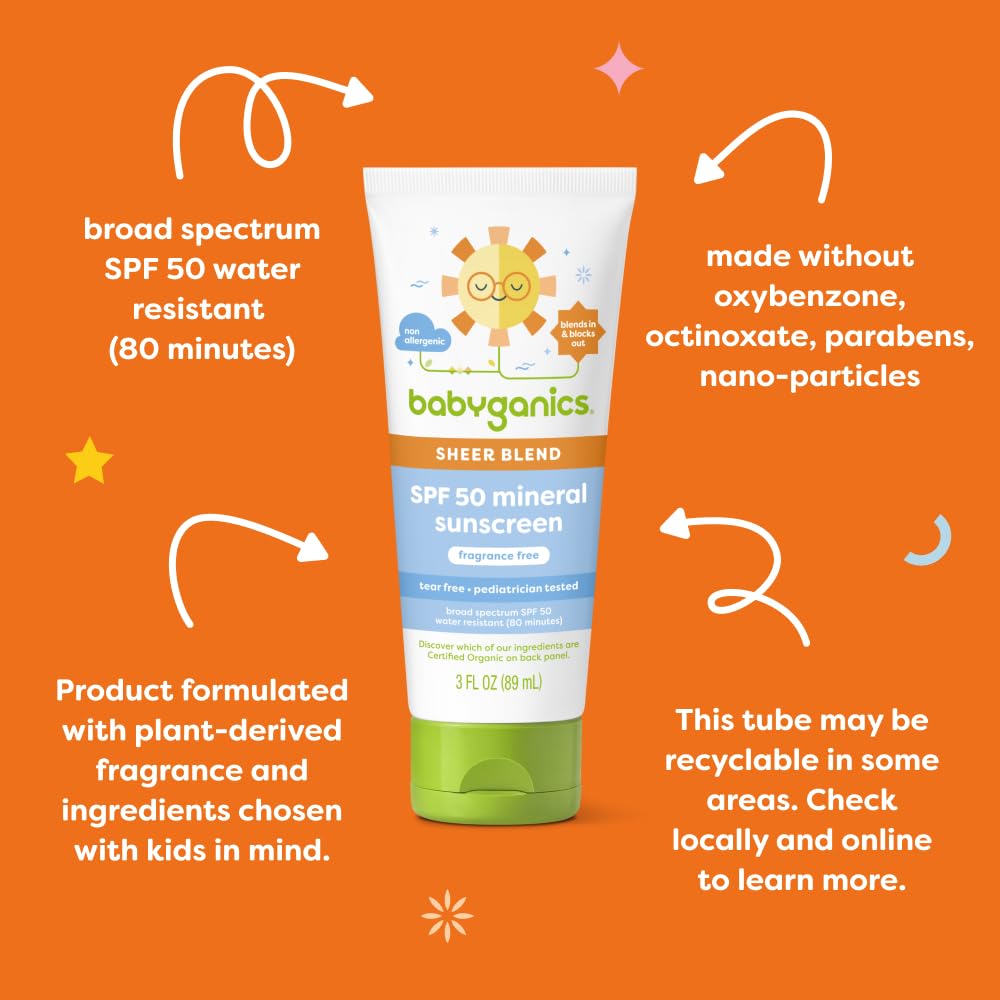 BabyGanics SPF 50 mineral sunscreen lotion, oxybenzone-free badge visible