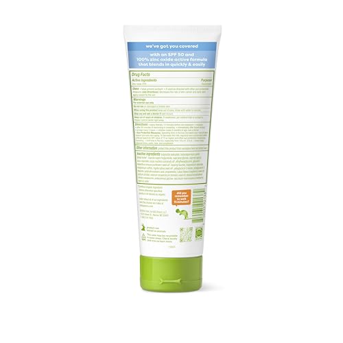 BabyGanics SPF 50 mineral sunscreen lotion, closeup label, fragrance-free protection for sensitive skin