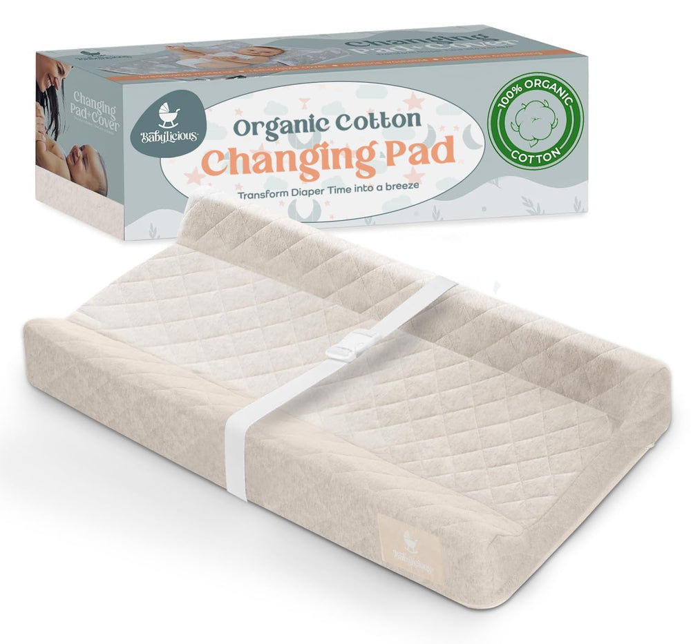 Babylicious contoured changing pad cover close-up shows organic cotton softness for sensitive skin.