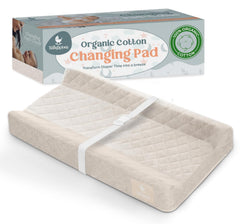 Babylicious contoured changing pad cover close-up shows organic cotton softness for sensitive skin.