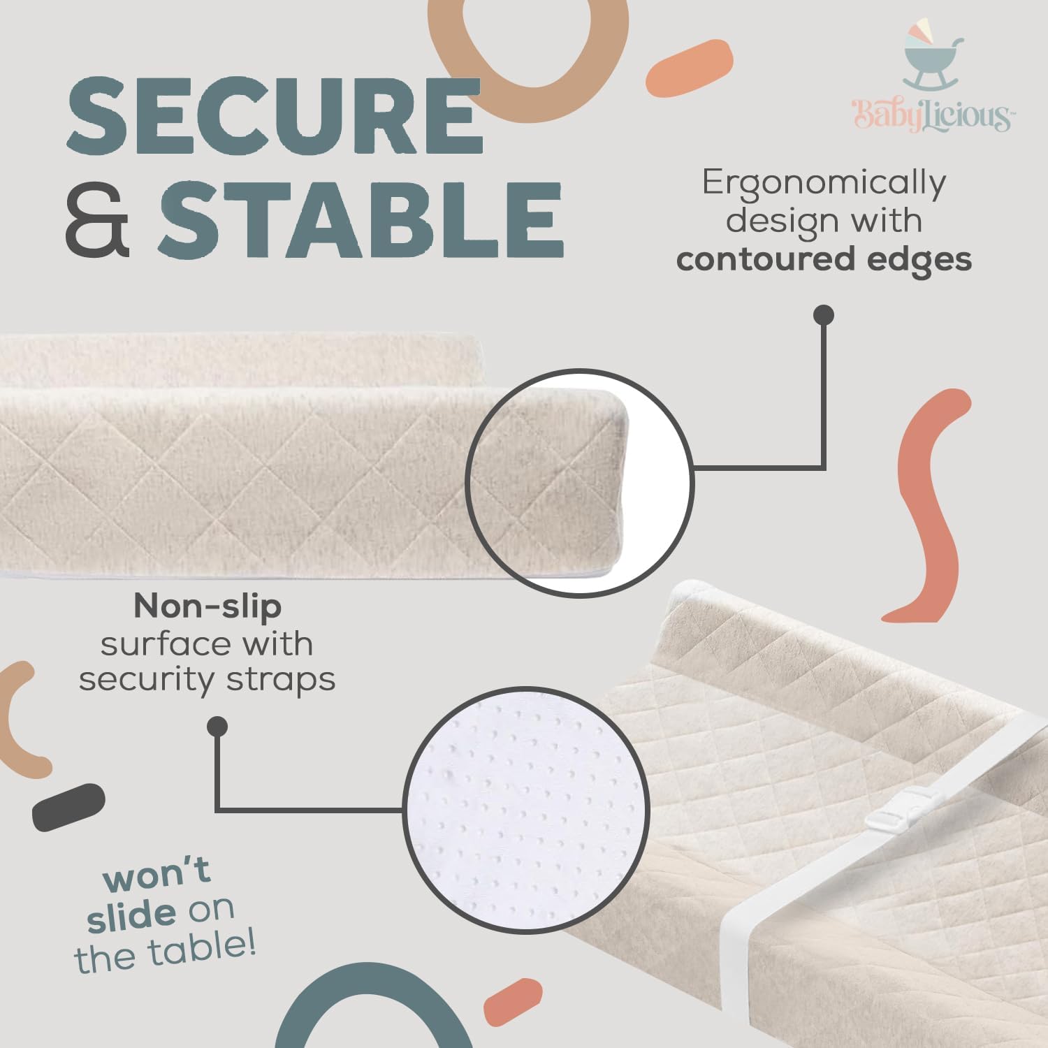 Babylicious contoured pad safety strap adds secure support during diaper routines.