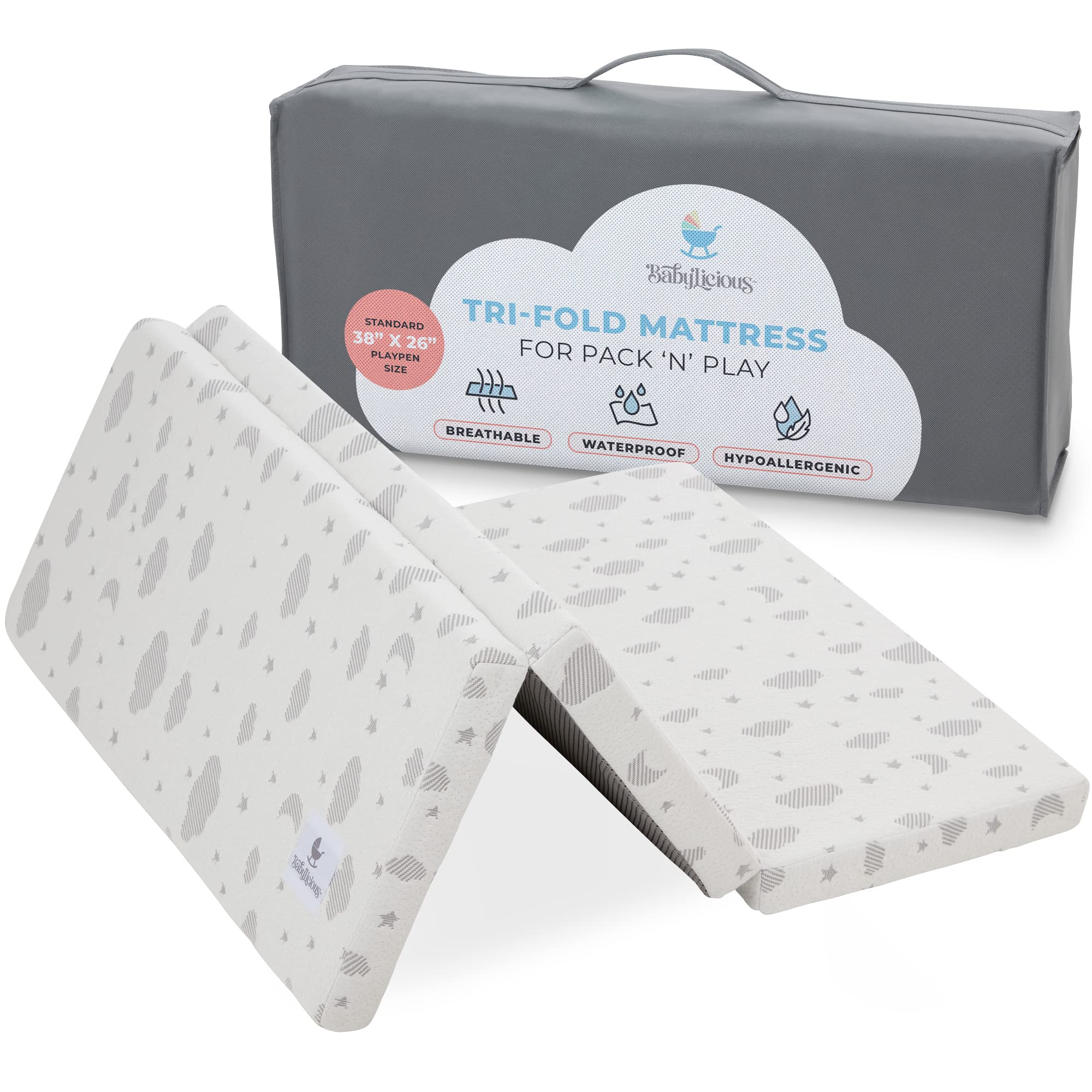 Babylicious pack-n-play mattress topper folded in tri-fold design for travel convenience and storage.