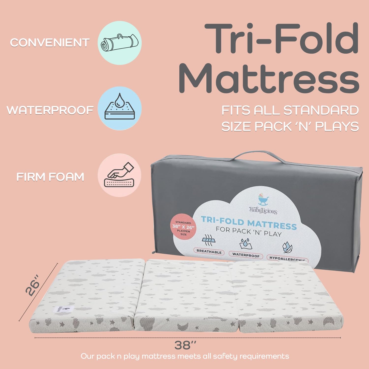 Babylicious pack-n-play mattress topper unfolded showing generous surface for baby sleep and comfort.
