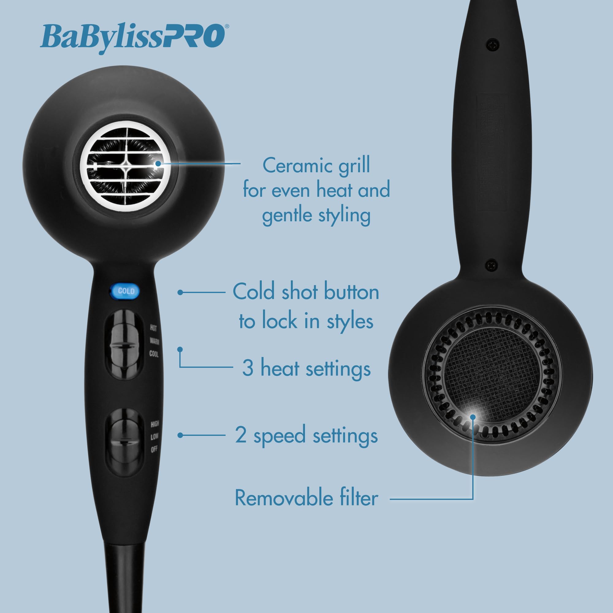 Ceramic technology delivers gentle, even heat for hair protection during drying
