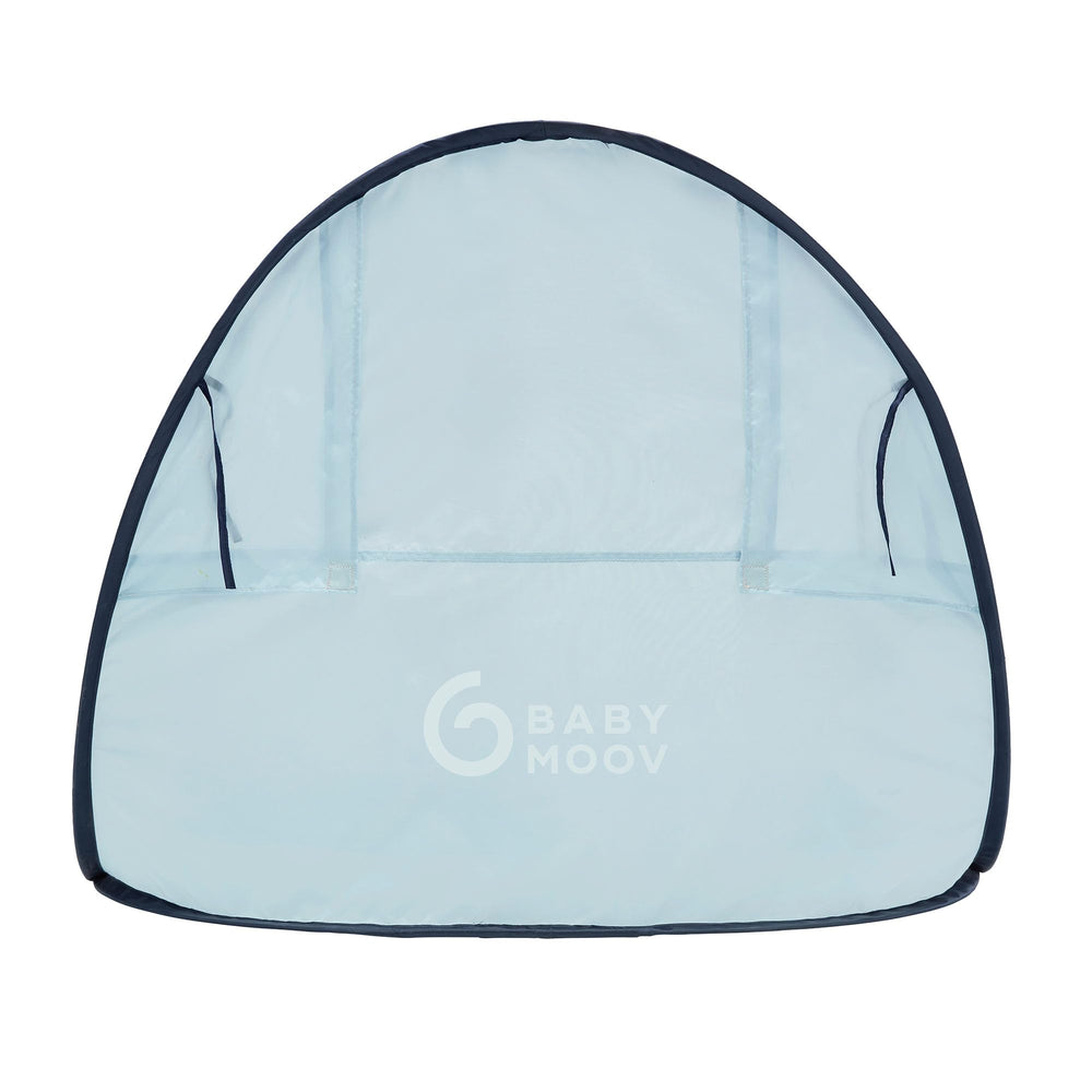 Babymoov anti-UV tent back window view enables airflow for a cooler baby.