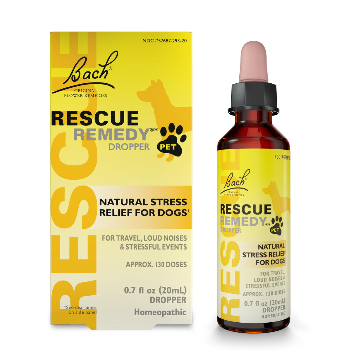 Bach Rescue Remedy Pet Dropper bottle calms dogs during stress.