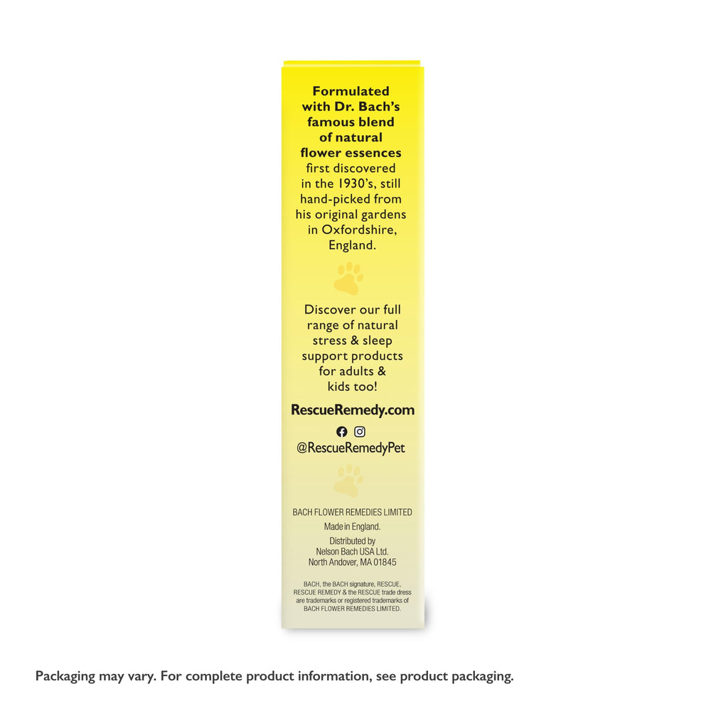 Plant-based, vegan, non-alcoholic formula label for Bach Rescue Remedy Pet Dropper.