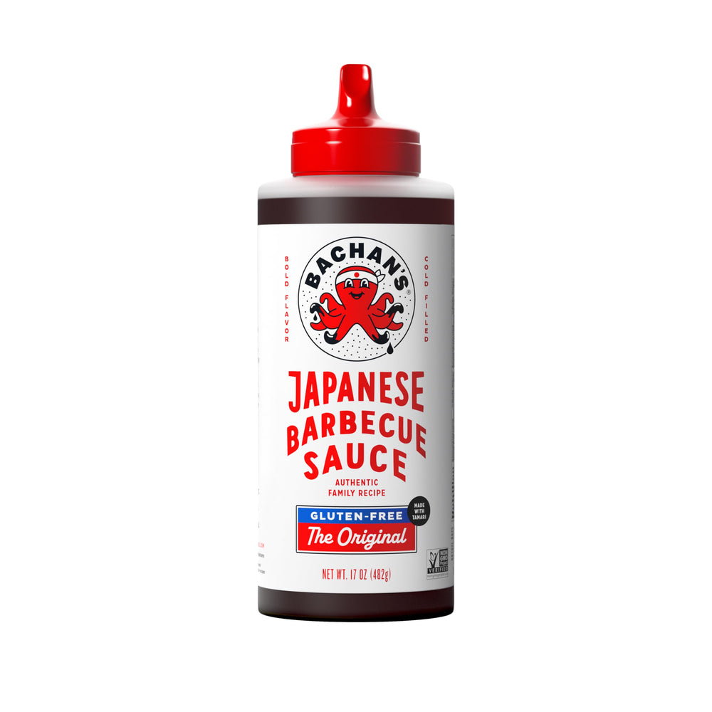 Bachan's Japanese Barbecue Sauce bottle front showcases gluten-free flavor for wings and noodles