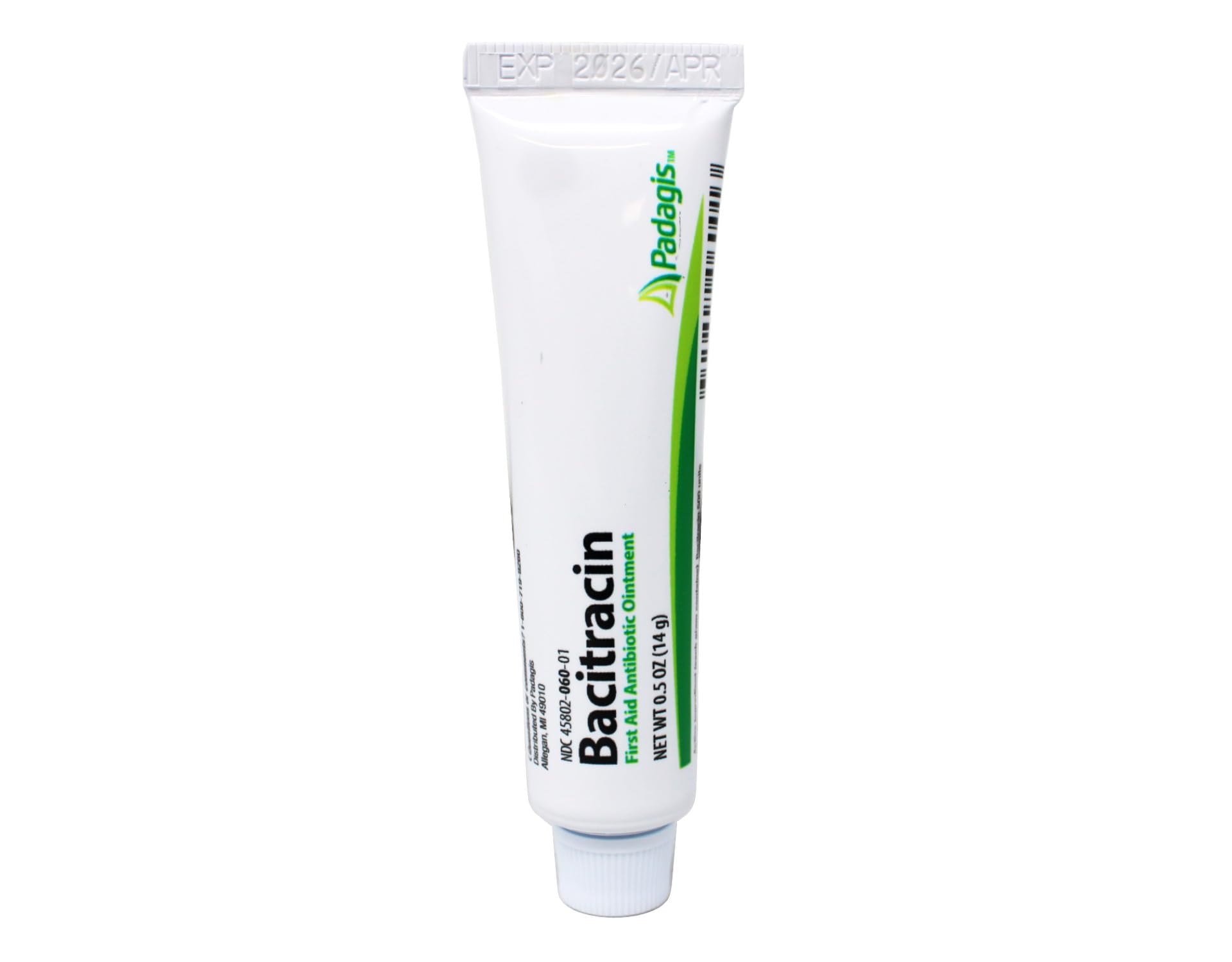 Bacitracin first aid ointment packaging label showing USP designation and size.