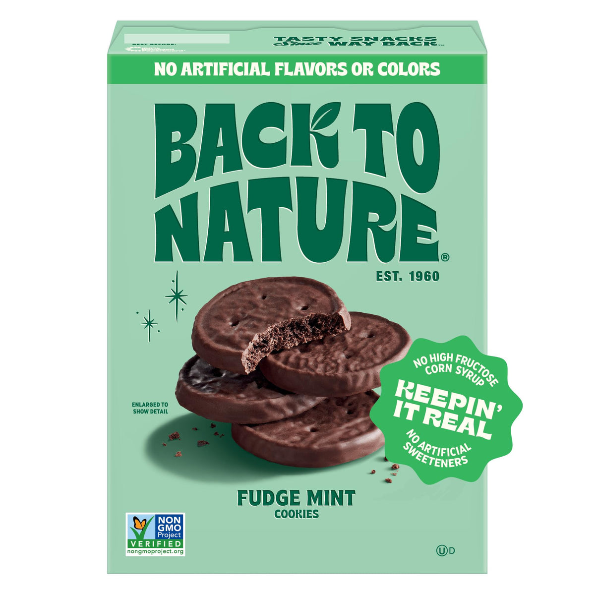 Back to Nature Fudge Mint Cookies pack front, a tasty plant-based snack.