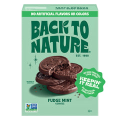 Back to Nature Fudge Mint Cookies pack front, a tasty plant-based snack.