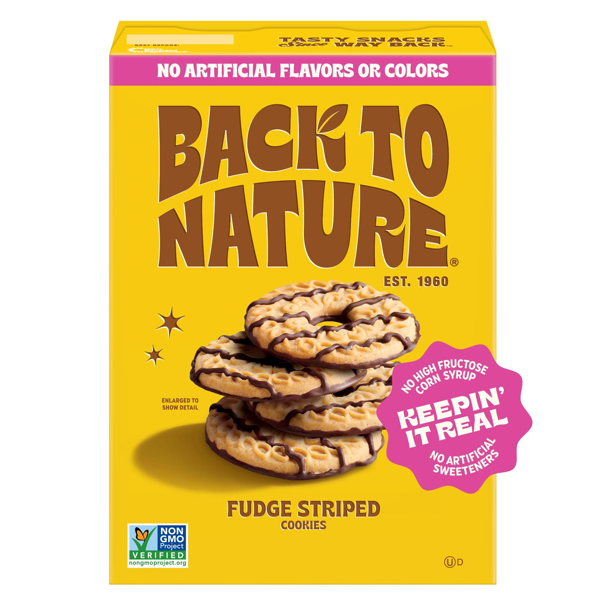 Back to Nature Fudge Striped Cookies box-front: plant-based indulgence ready to snack