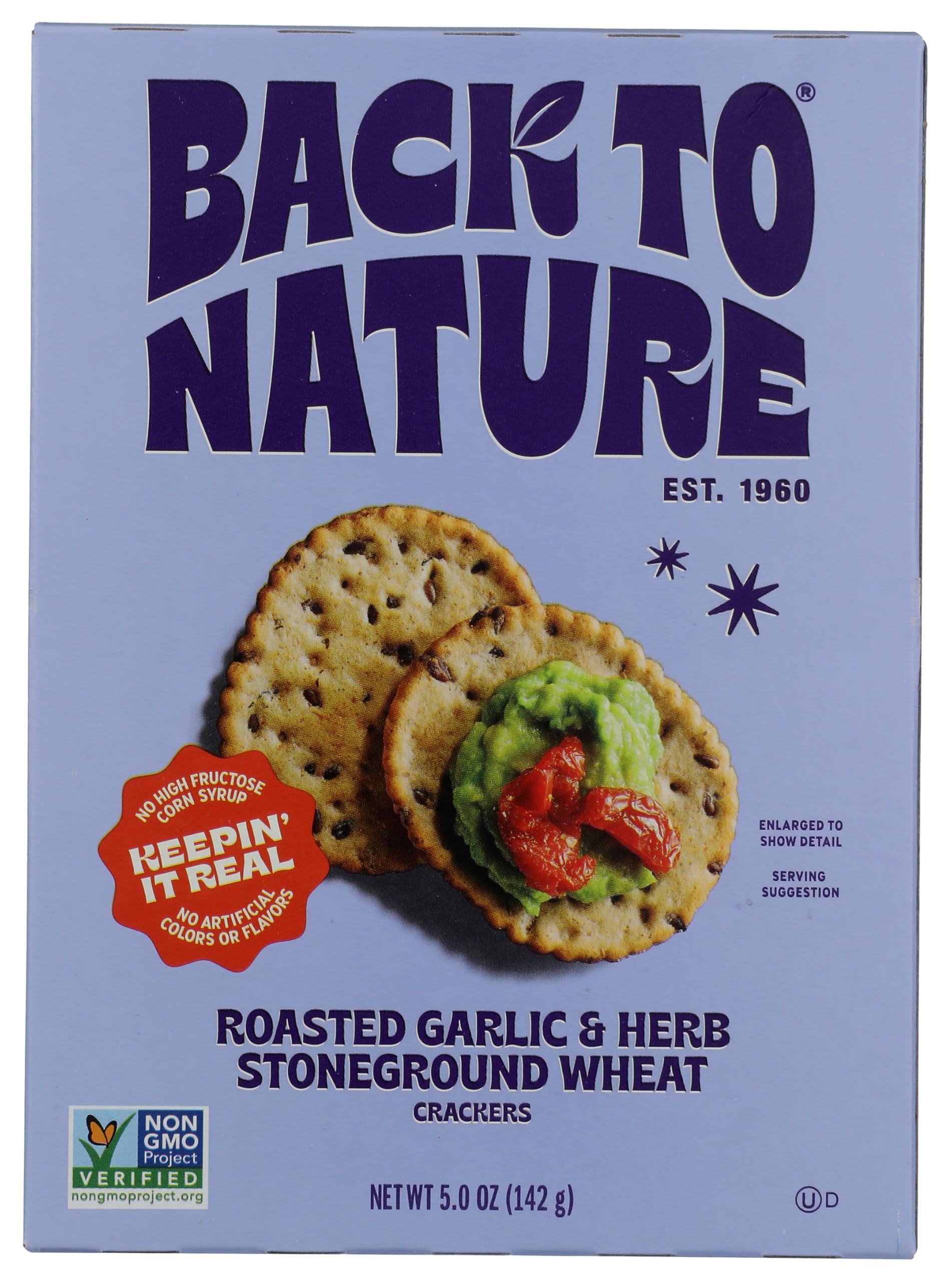 Back To Nature Roasted Garlic & Herb Crackers on a plate, ideal for entertaining and snacking.