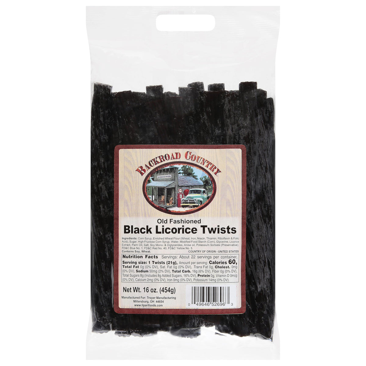 Backroad Country licorice twists pack-shot highlights the 16 oz bag for sharing.