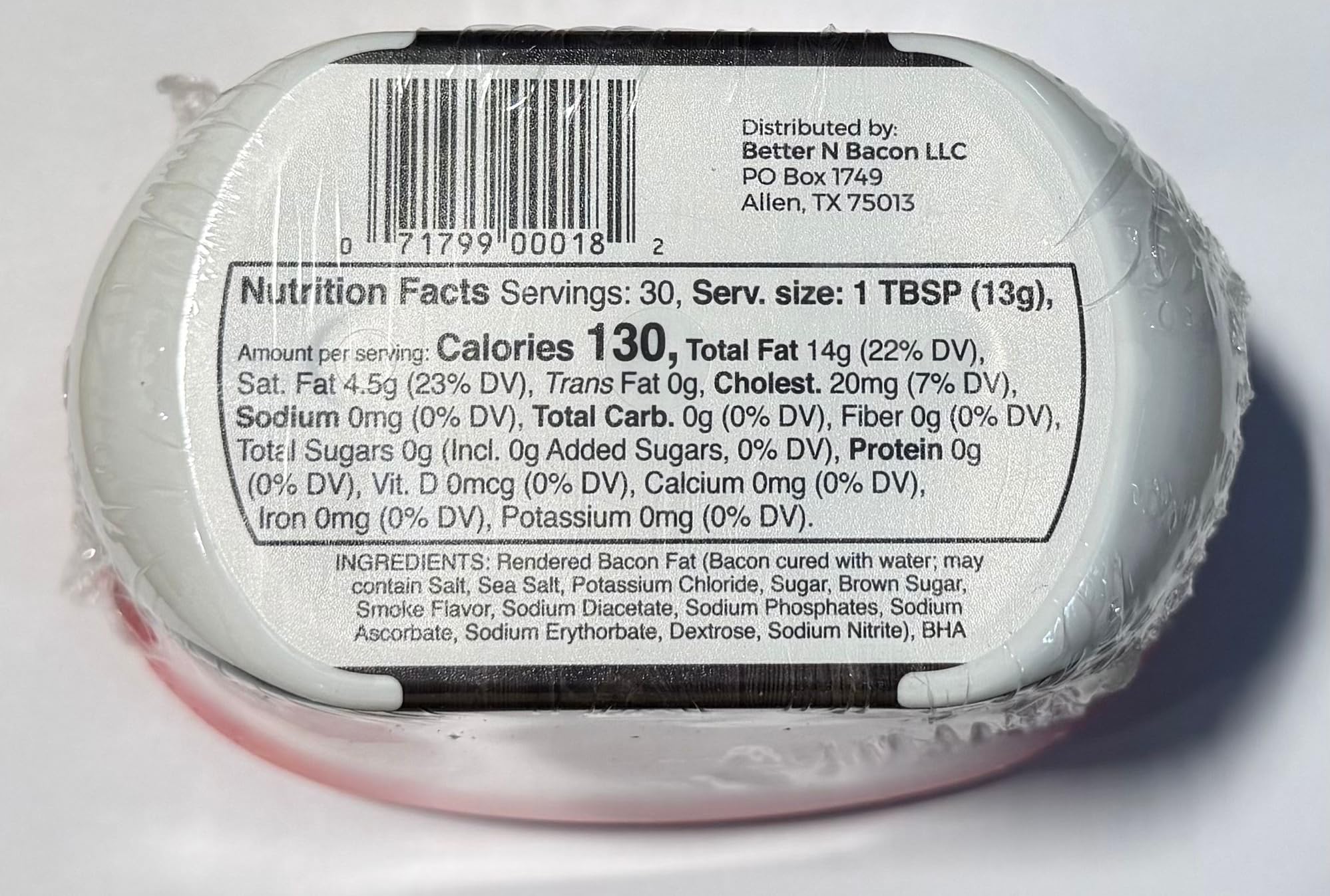 Bacon Up bacon grease tub back view with usage tips for versatile frying.
