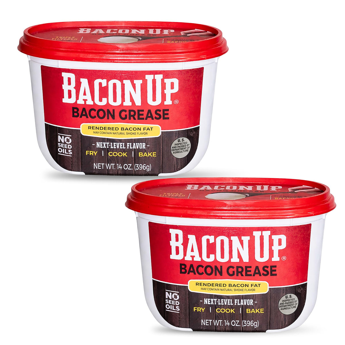 Bacon Up bacon grease tub front view, convenient 14 oz packaging for quick skillet cooking.