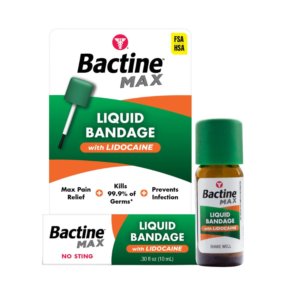 Bactine MAX liquid bandage bottle with lidocaine for quick relief and wound protection.