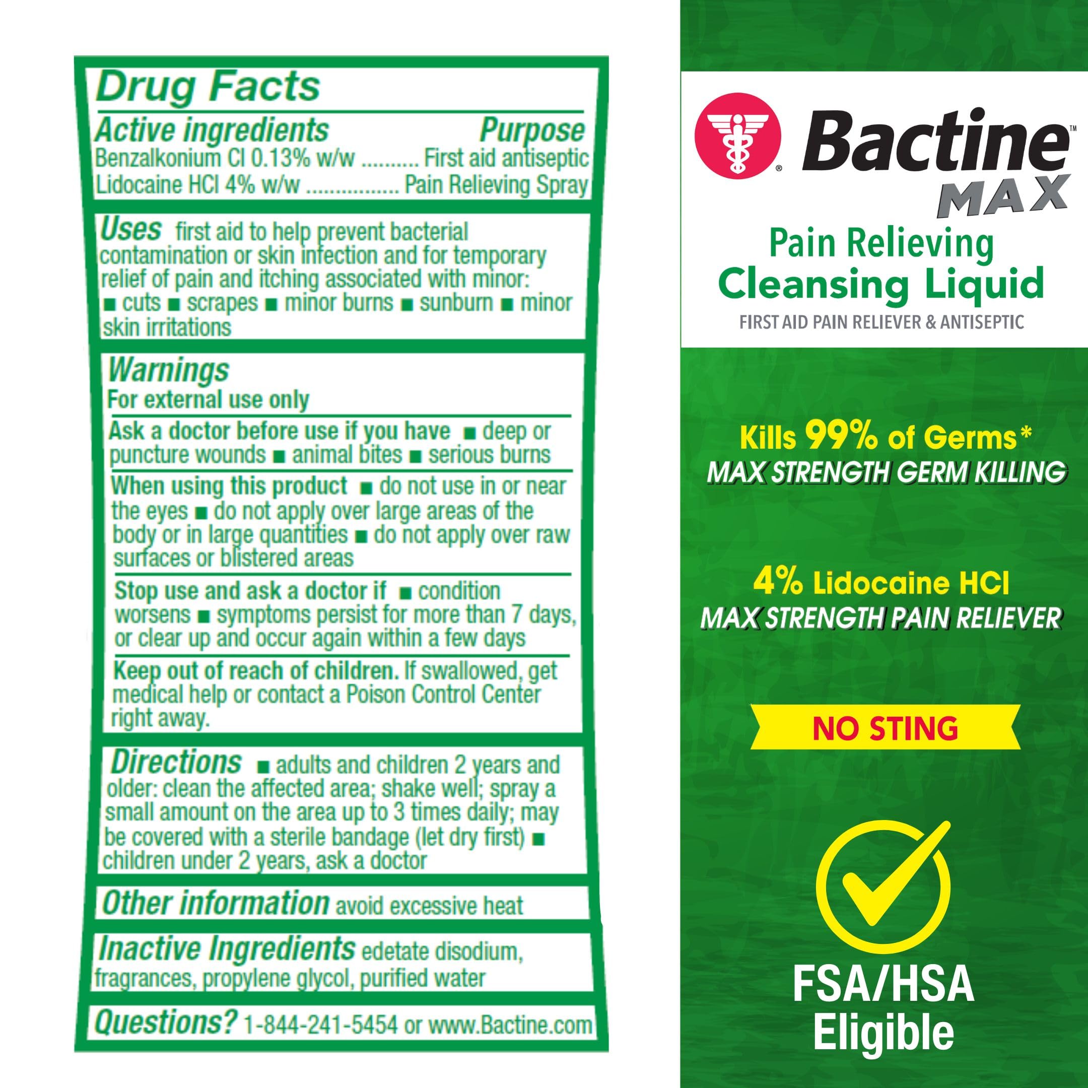 Bactine Max spray application on skin delivers cooling relief and germ protection.