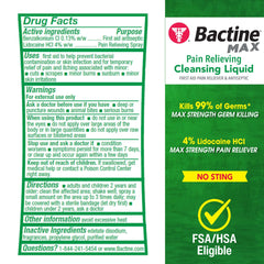 Bactine Max spray application on skin delivers cooling relief and germ protection.