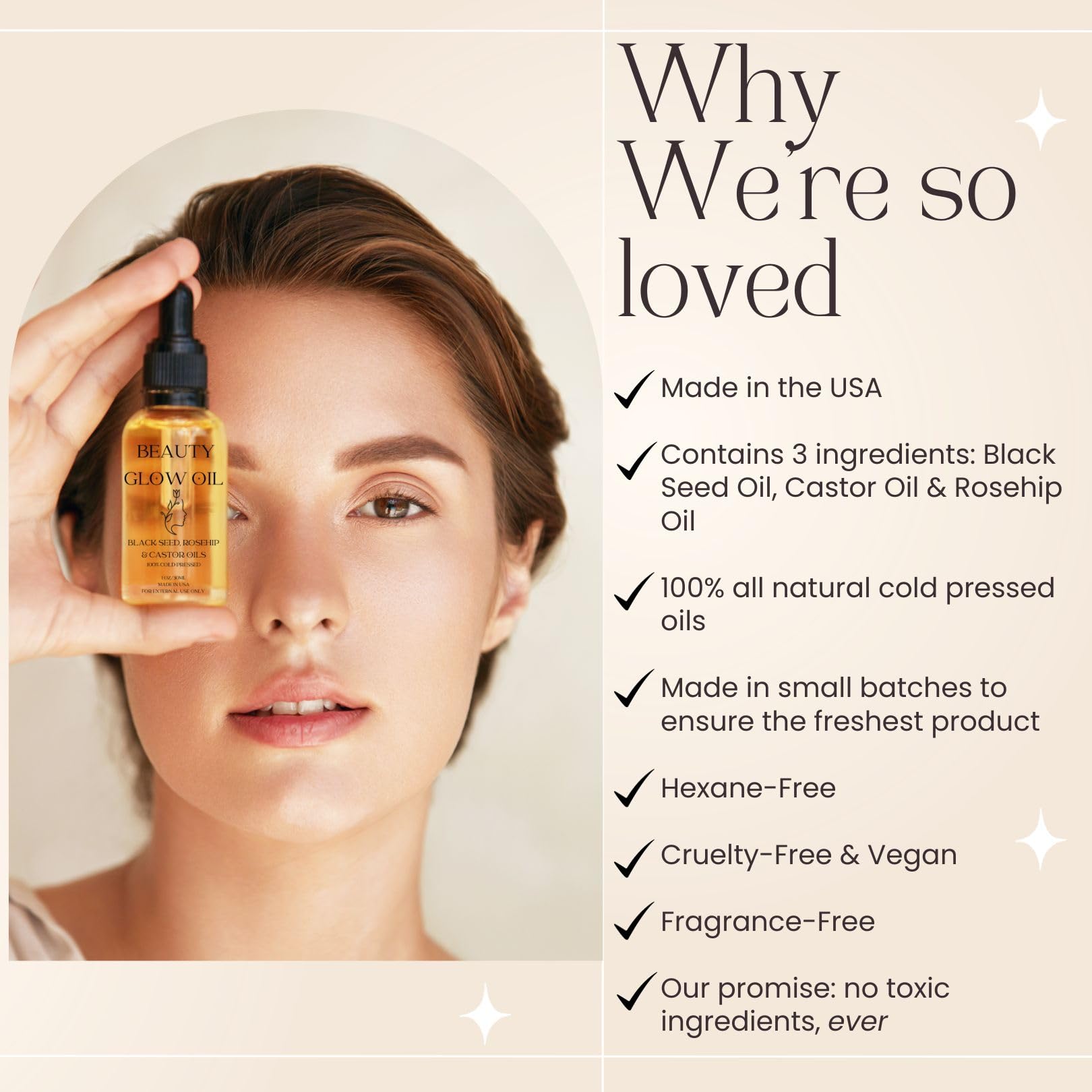 Bad Dog Beauty Glow Oil ingredients blend highlighting black seed, rosehip, and castor oils
