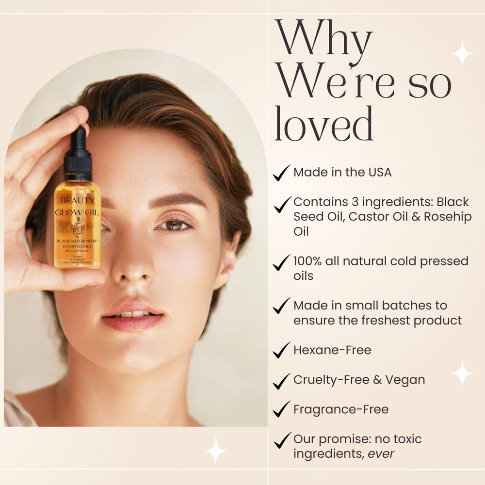 Bad Dog Beauty Glow Oil ingredients blend highlighting black seed, rosehip, and castor oils