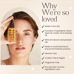 Bad Dog Beauty Glow Oil ingredients blend highlighting black seed, rosehip, and castor oils