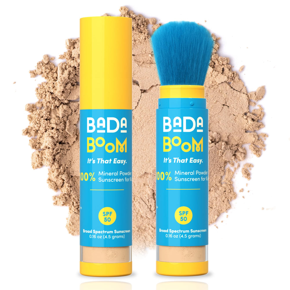 Bada Boom mineral sunscreen powder with a three-year shelf life.