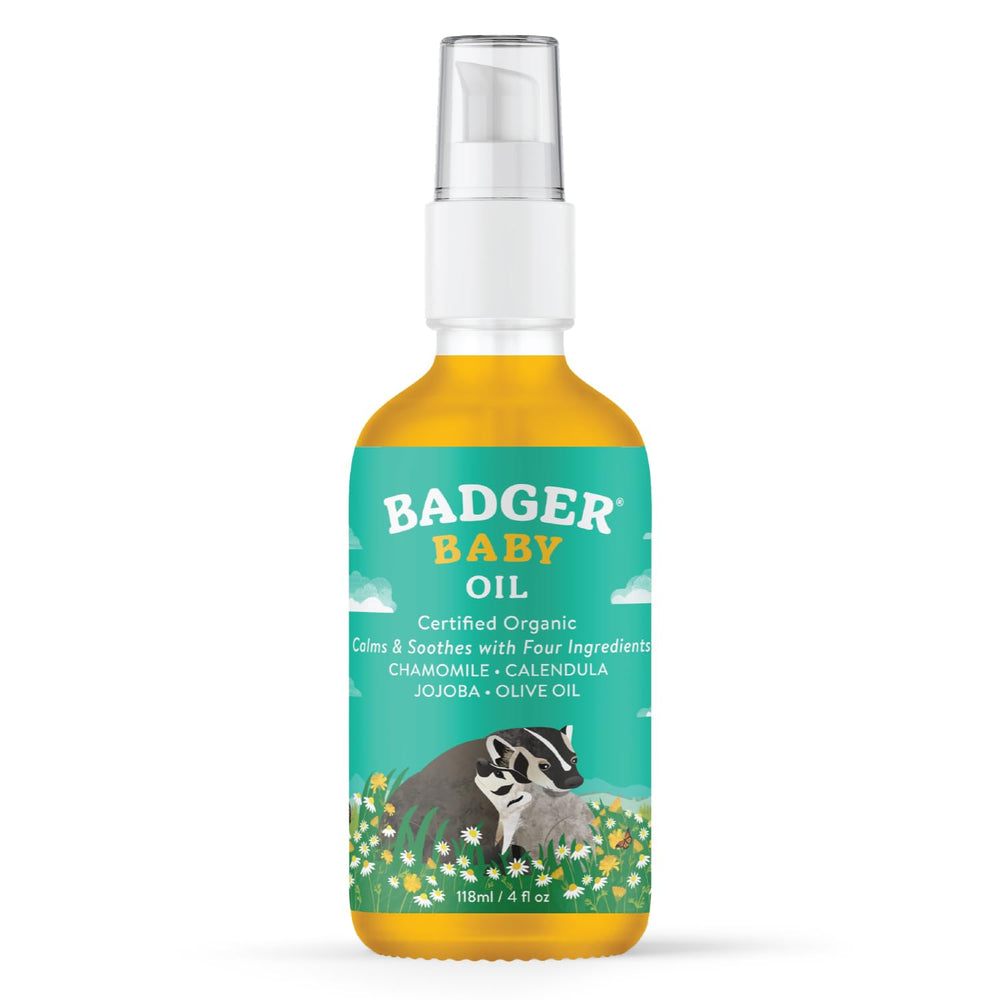 Badger Baby Oil bottle 4oz glass for gentle moisturization.