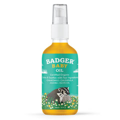 Badger Baby Oil bottle 4oz glass for gentle moisturization.